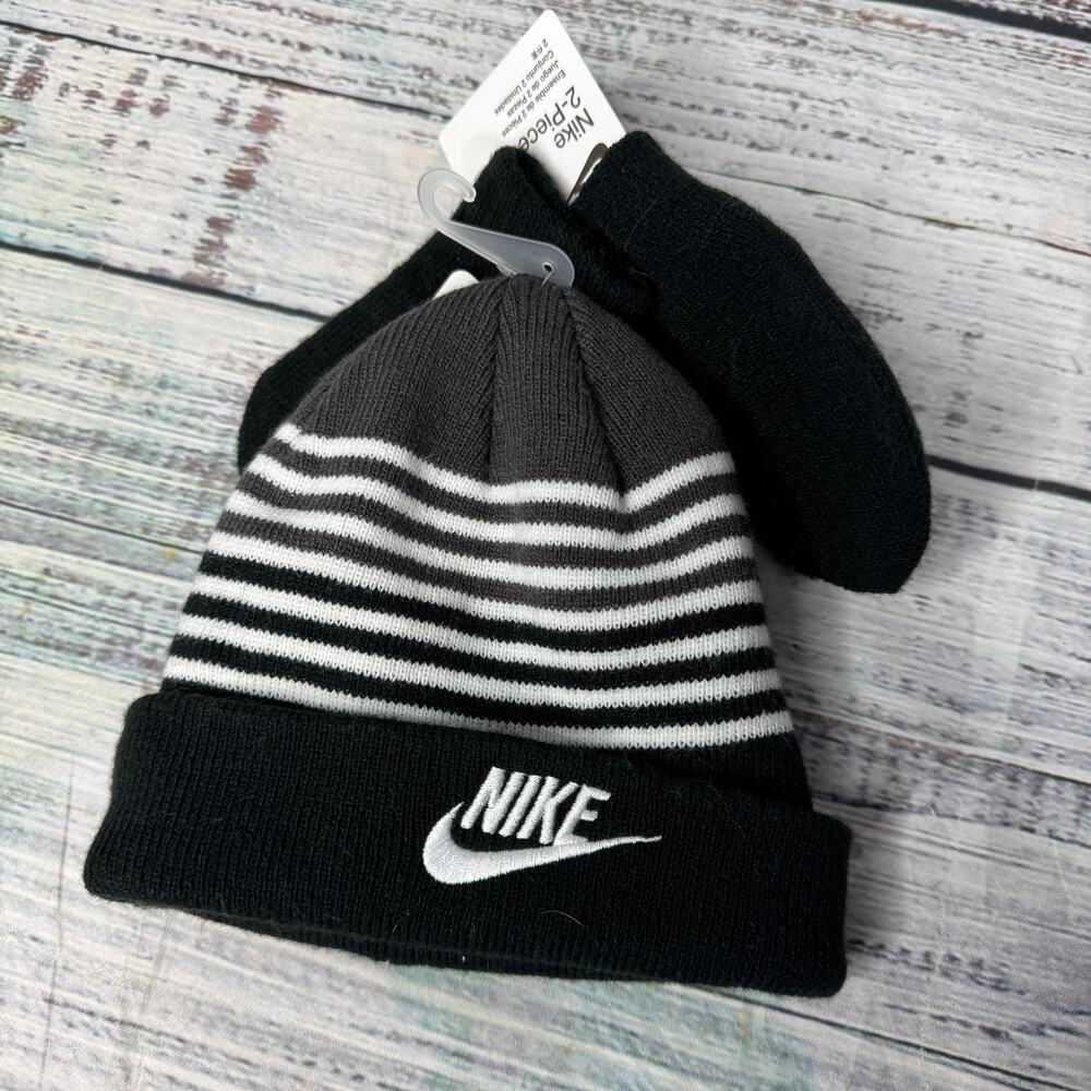 Nike Beanie and Mitten Set Black Stripes NEW Baby 12/24 Months